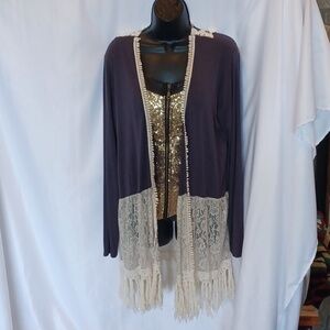 UMGEE Lace Cotton Cardigan | Size s | Open Front Fringe Boho-Chic Cottagecore